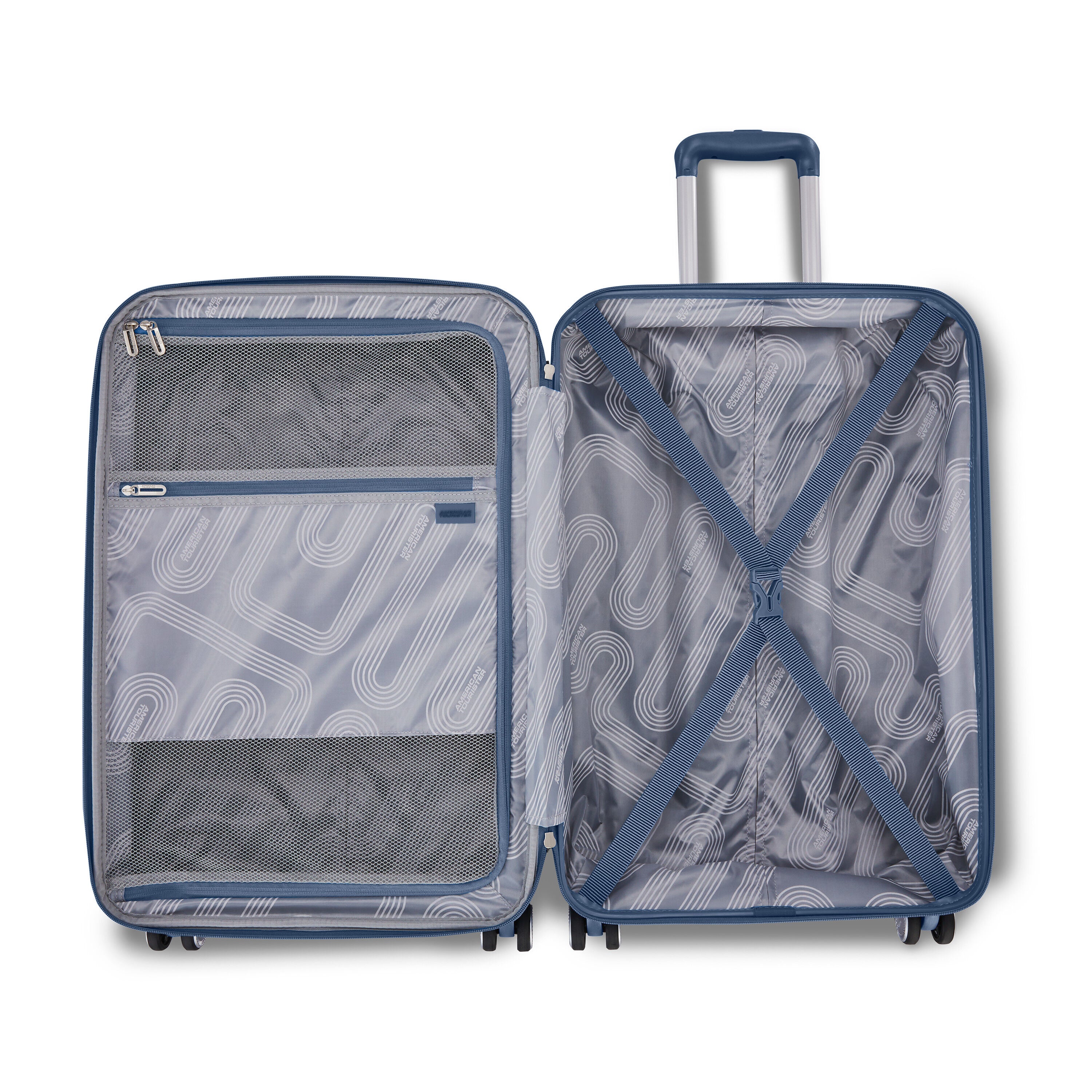 Inside of two blue suitcases opened showing organization compartments