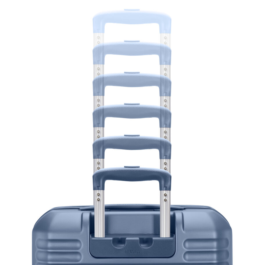 Front bottom view of blue suitcase with extended handle