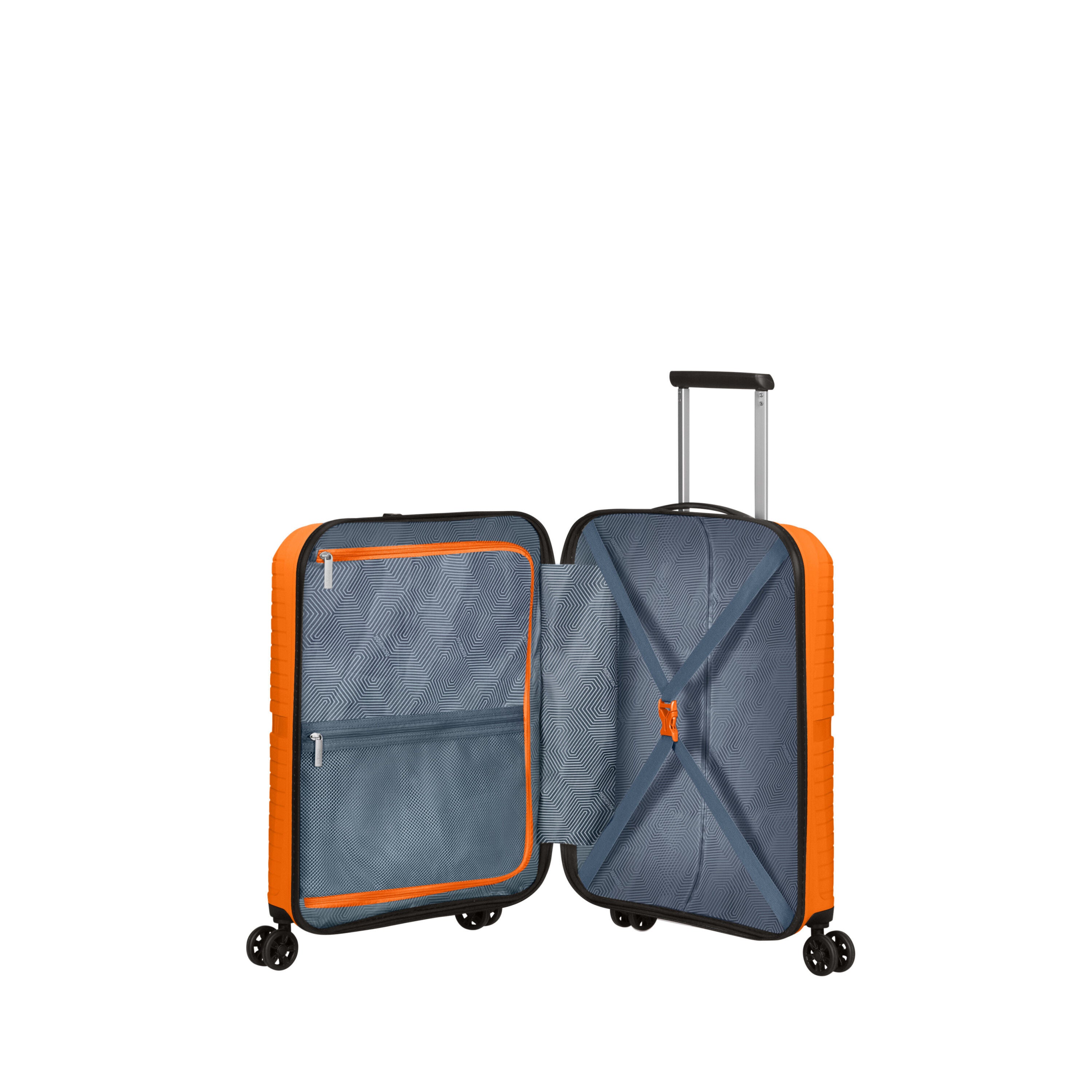 Open orange carry-on suitcase showing interior compartments and organization
